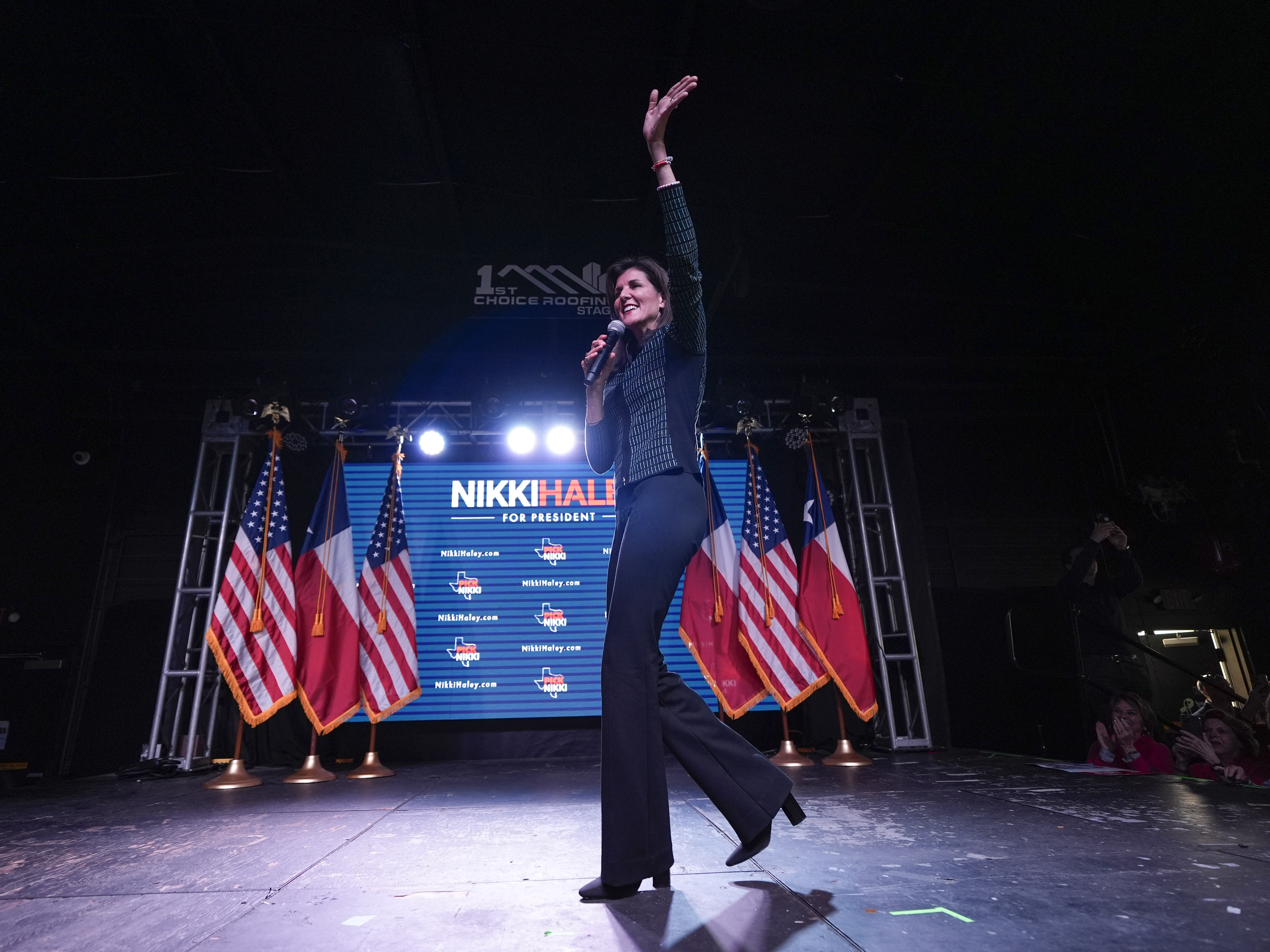 caption: Republican presidential candidate former UN Ambassador Nikki Haley speaks at a campaign event in Spring, Texas, on Monday, March 4.