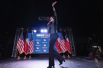 caption: Republican presidential candidate former UN Ambassador Nikki Haley speaks at a campaign event in Spring, Texas, on Monday, March 4.
