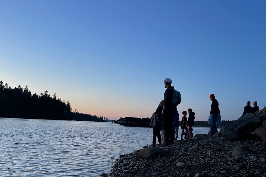 caption: Visitors look for bats at Woodard Bay Natural Resources Conservation Area near Olympia on June 3, 2023.