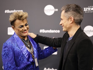 caption: Saul Armendariz (left) and Gael García Bernal attend the 2023 Sundance Film Festival <em>Cassandro</em> premiere.