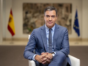 caption: Spain's Prime Minister Pedro Sanchez poses for a portrait after an interview with The Associated Press at the Moncloa Palace in Madrid, Spain, June 27, 2022.