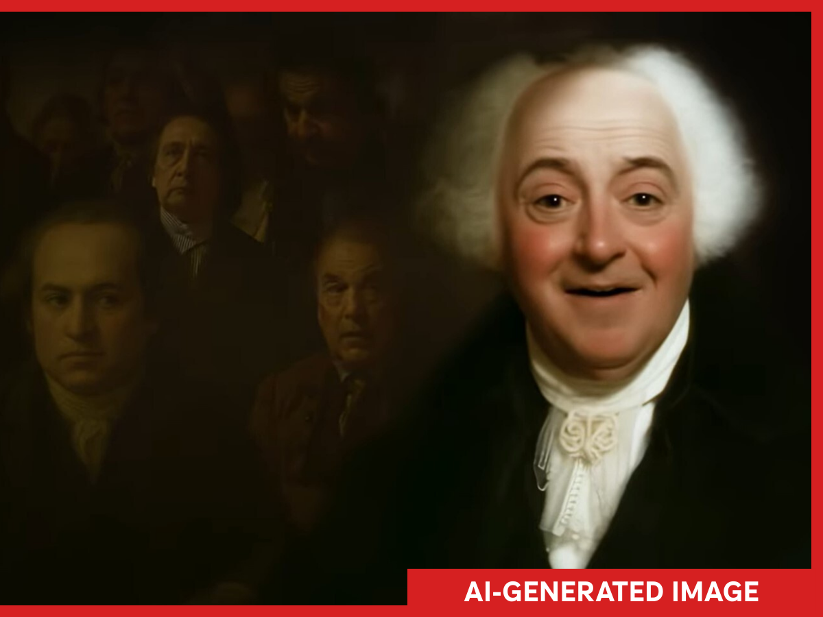 caption: An AI-generated image of former President John Adams is part of an exhibit that is a partnership between the Trump administration and conservative nonprofit PragerU.