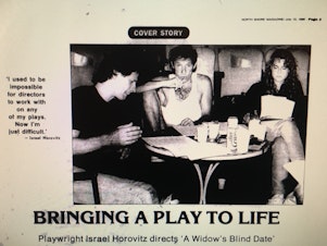 caption: In 1989, <em>The Gloucester Daily Times </em>reviewed 'The Widow's Blind Date,' written by Israel Horovitz (center). It's a play that depicts a woman confronting her rapists. Jocelyn Meinhardt (right), who worked on the play at the time, says she was sexually assaulted by Horovitz.