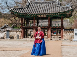 caption: Lee Bae-yong, the first woman to officiate a Confucian ceremony in the country's long history with Confucianism, at Museong Seowon, a UNESCO World Heritage site.