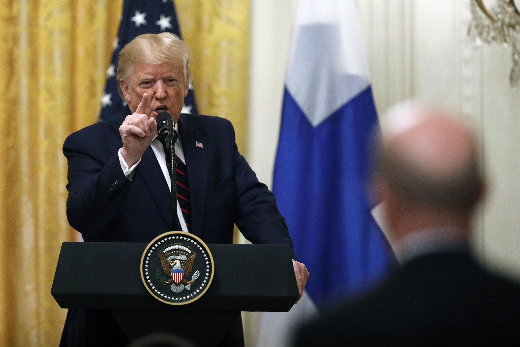 caption: President Donald Trump speaks during a news conference with Finnish President Sauli Niinisto at the White House in Washington, Wednesday, Oct. 2, 2019. (Carolyn Kaster/AP)