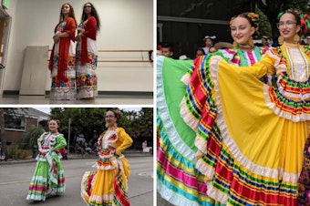 caption: A photo collage of Kylie Hooks (left) and Josie Gonzalez walking in the South Park Fiestas Patrias parade in 2019. 