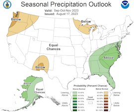 caption: The National Weather Service expects below normal precipitation in the Northwest between September and October 2023. 