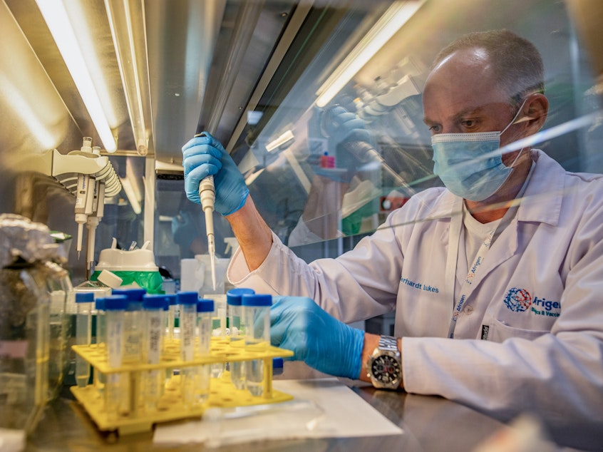 caption: Gerhardt Boukes, chief scientist at Afrigen Biologics and Vaccines, formulates mRNA for use in a vaccine against COVID-19. The company — based in Cape Town, South Africa — is the linchpin of a global project to enable low- and middle-income countries to make mRNA vaccines against all manner of diseases.