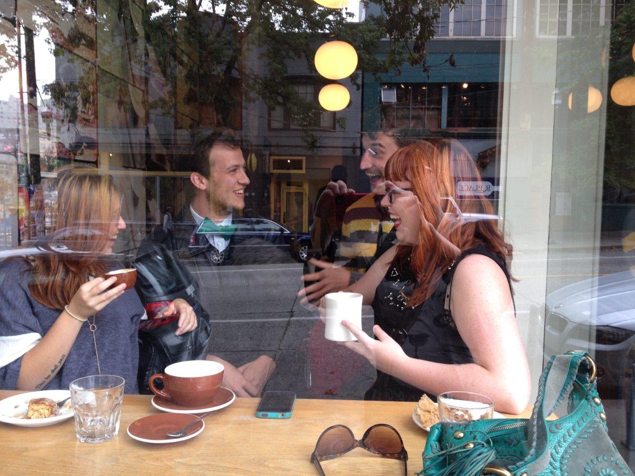 caption: Hannah Apple Fig, Trent Johnson, Matt Streib and Jessica Bernard at Stumptown Coffee Roasters. Matt found the defectors: all three are or were baristas at Starbucks, and while Matt is on coffee number four, Jessica imbibes at least six cups a day.