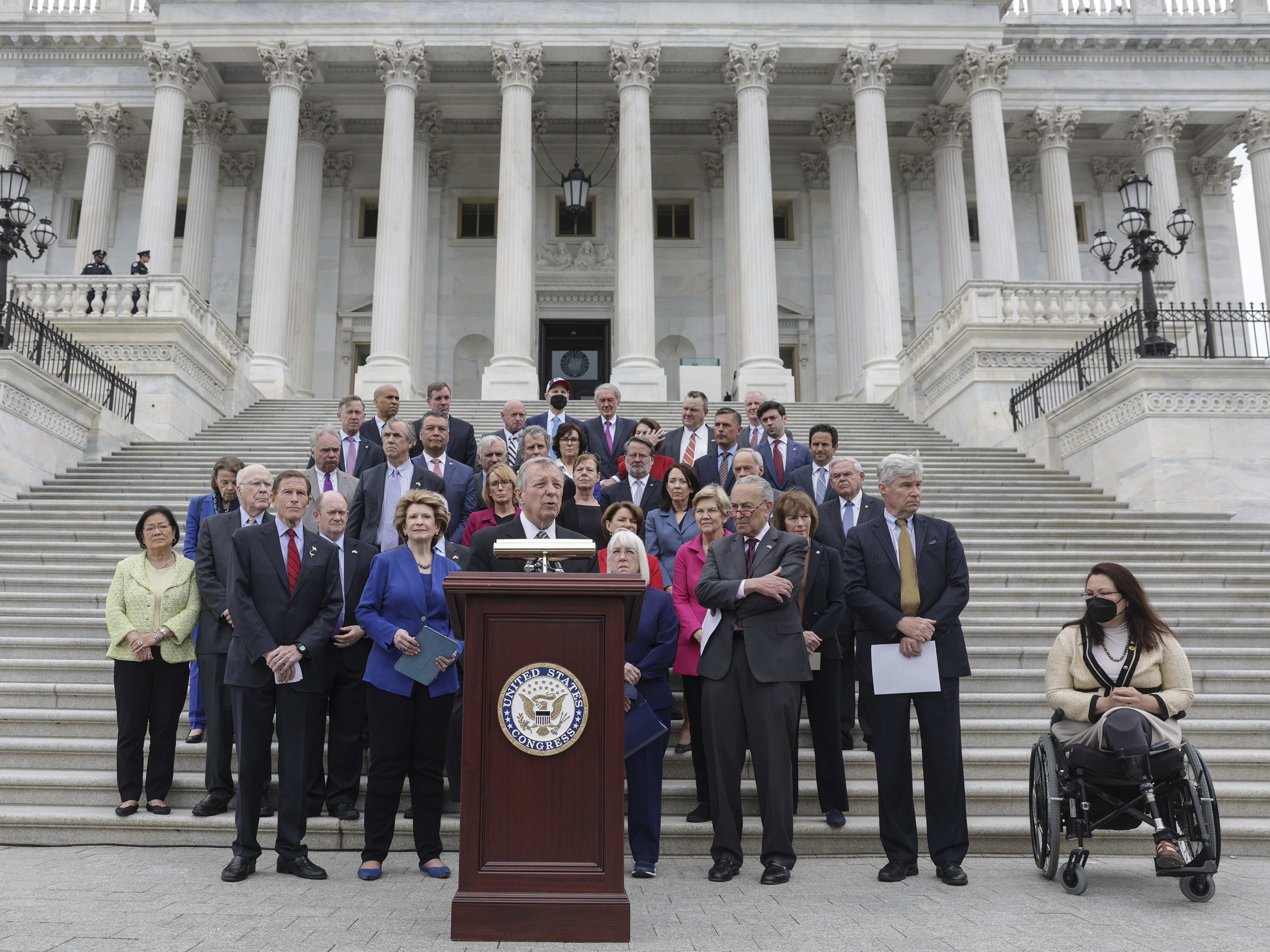 caption: Senate Majority Whip Dick Durbin, D-Ill., speaks on Tuesday at a news conference about the leaked Supreme Court draft decision to overturn <em>Roe v. Wade</em>.