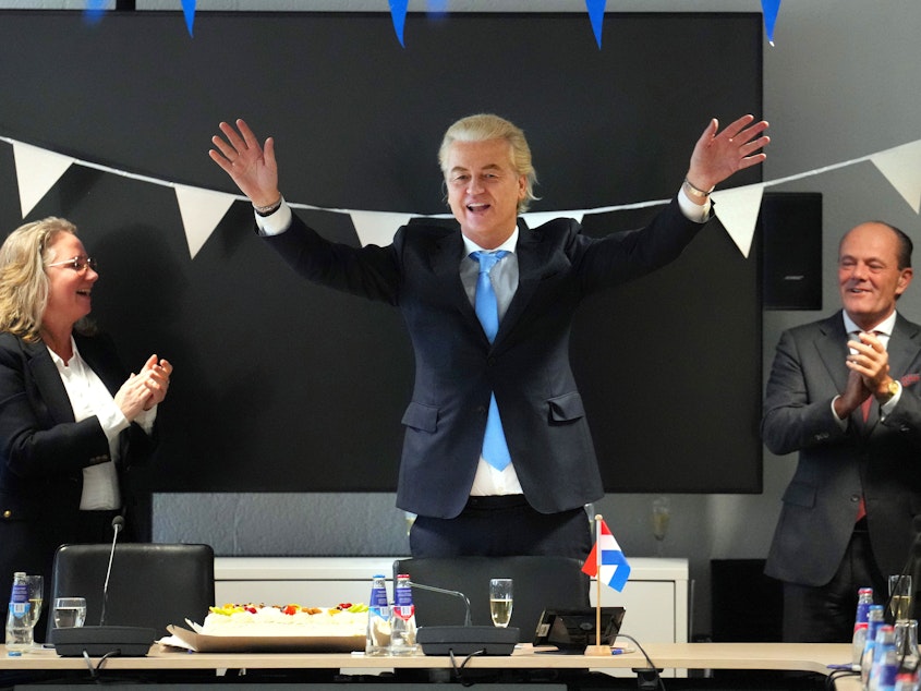 caption: Geert Wilders, the leader of the Dutch Party for Freedom, celebrates in his party office after his party's victory in Wednesday's general election, on Nov. 23, 2023 in The Hague, Netherlands.