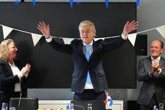 caption: Geert Wilders, the leader of the Dutch Party for Freedom, celebrates in his party office after his party's victory in Wednesday's general election, on Nov. 23, 2023 in The Hague, Netherlands.