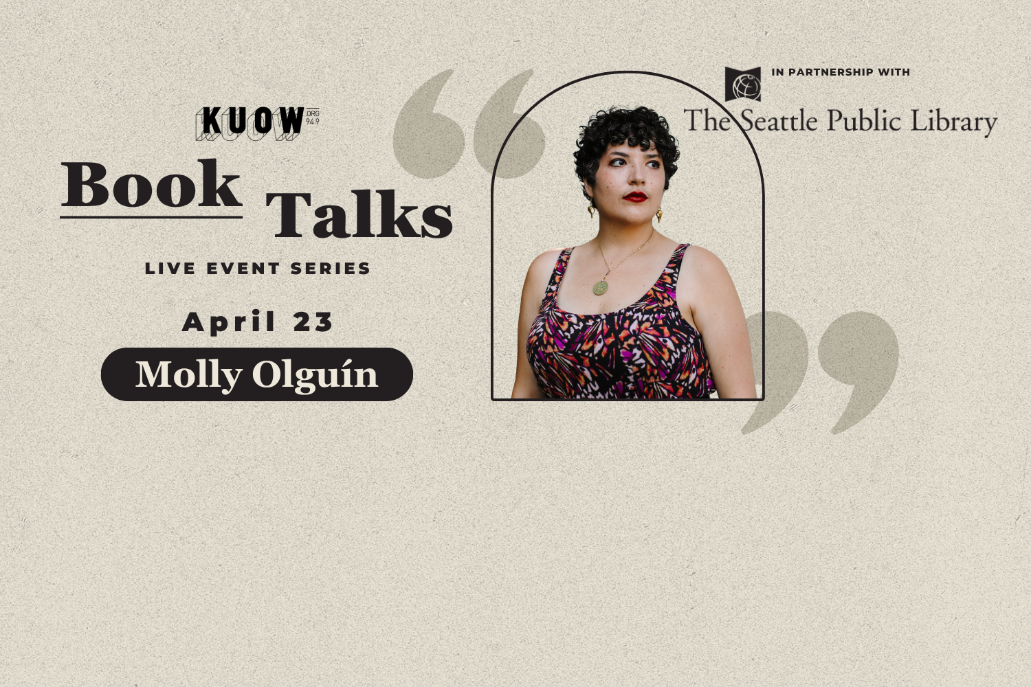caption: The KUOW Book Club is reading "The Sea Gives Up the Dead" by Molly Olguín in April 2026. Olguín will join KUOW's Katie Campbell for a live discussion at the Seattle Central Library on April 23, 2026.