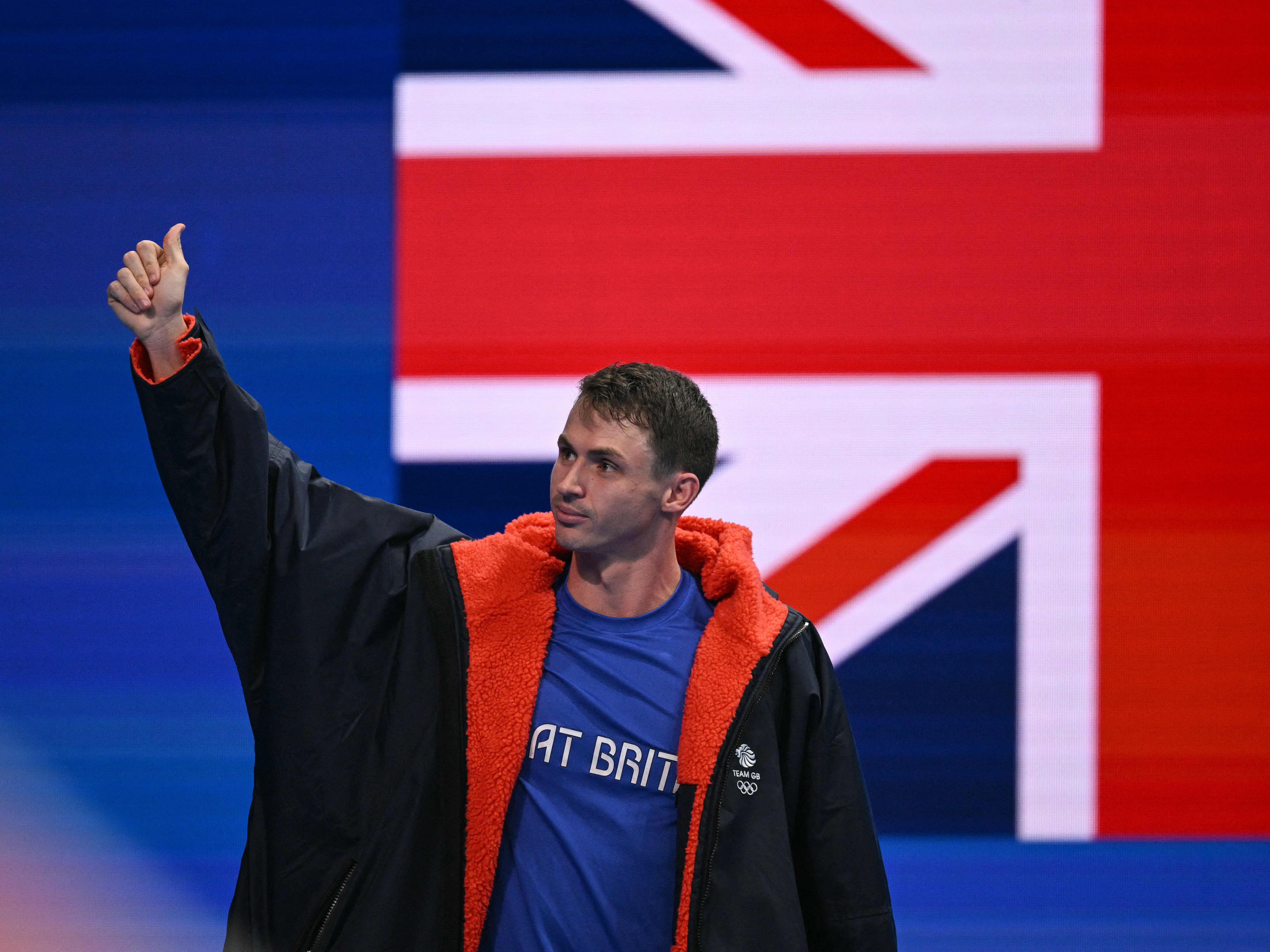 caption: Britain's Benjamin Proud prepares to compete in a semifinal of the men's 50m freestyle swimming event during the Paris 2024 Olympic Games at the Paris La Defense Arena in Nanterre, west of Paris, on Wednesday.