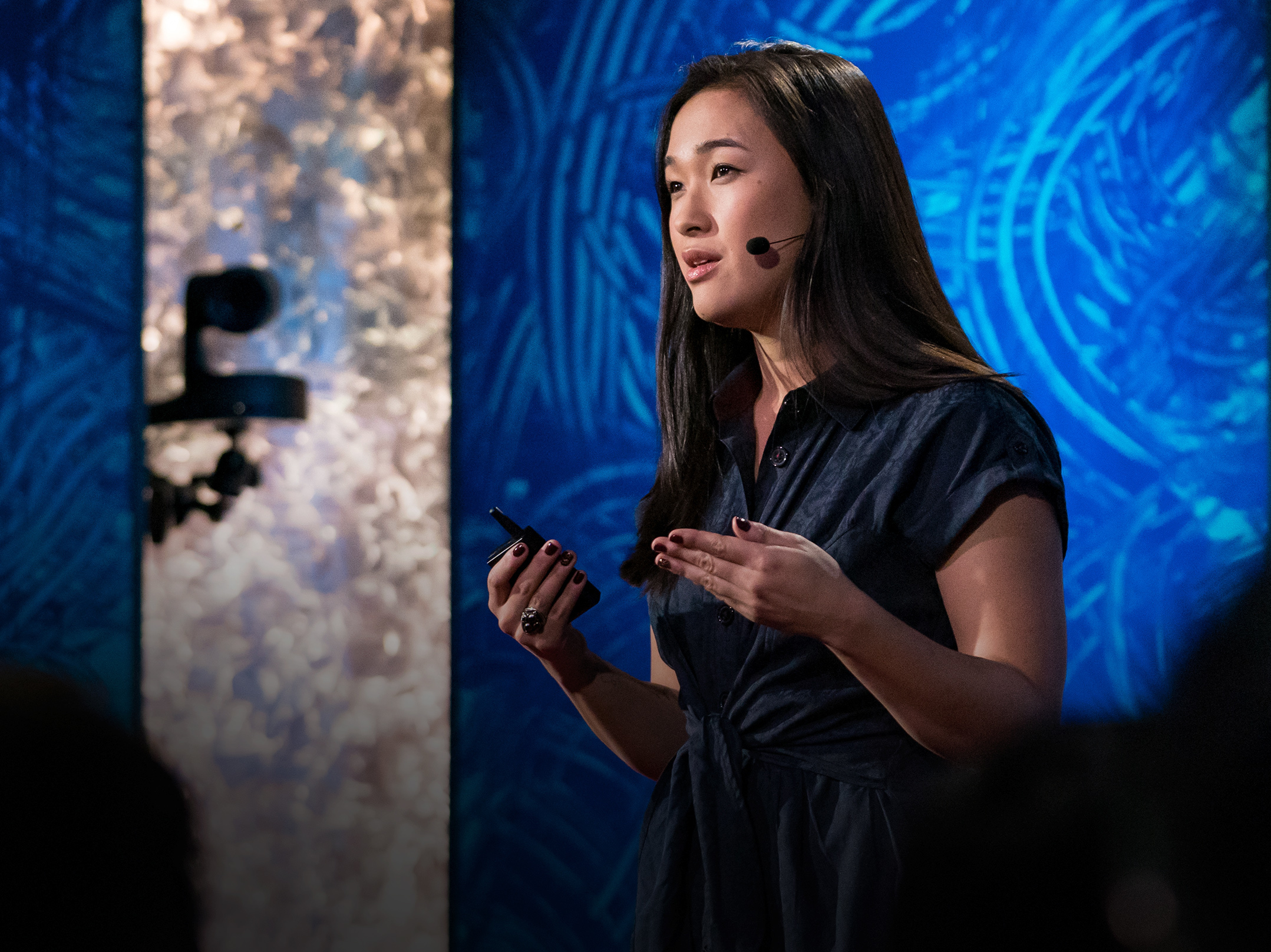 caption: Liz Kleinrock speaks on the TED Stage.