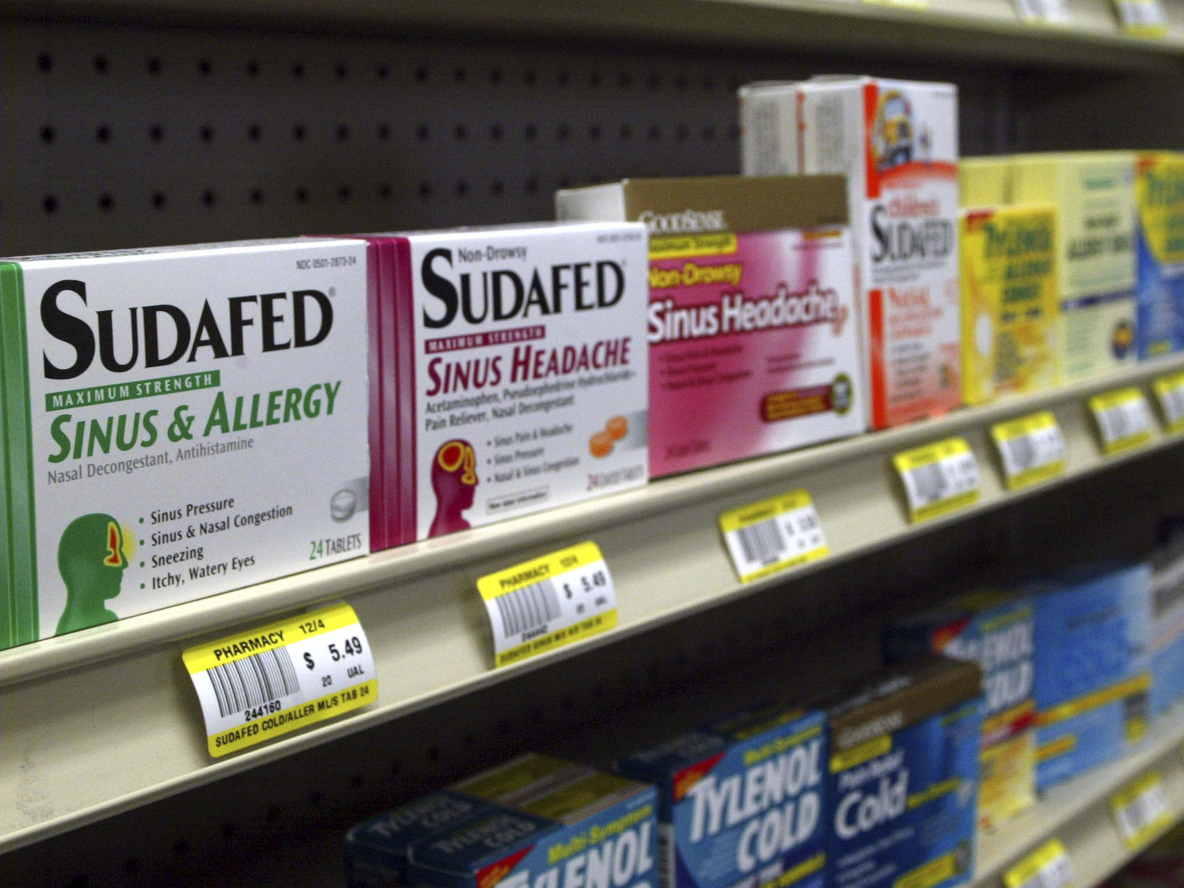 caption: Sudafed and other common nasal decongestants containing pseudoephedrine are on display behind the counter at Hospital Discount Pharmacy in Edmond, Okla., Jan. 11, 2005.