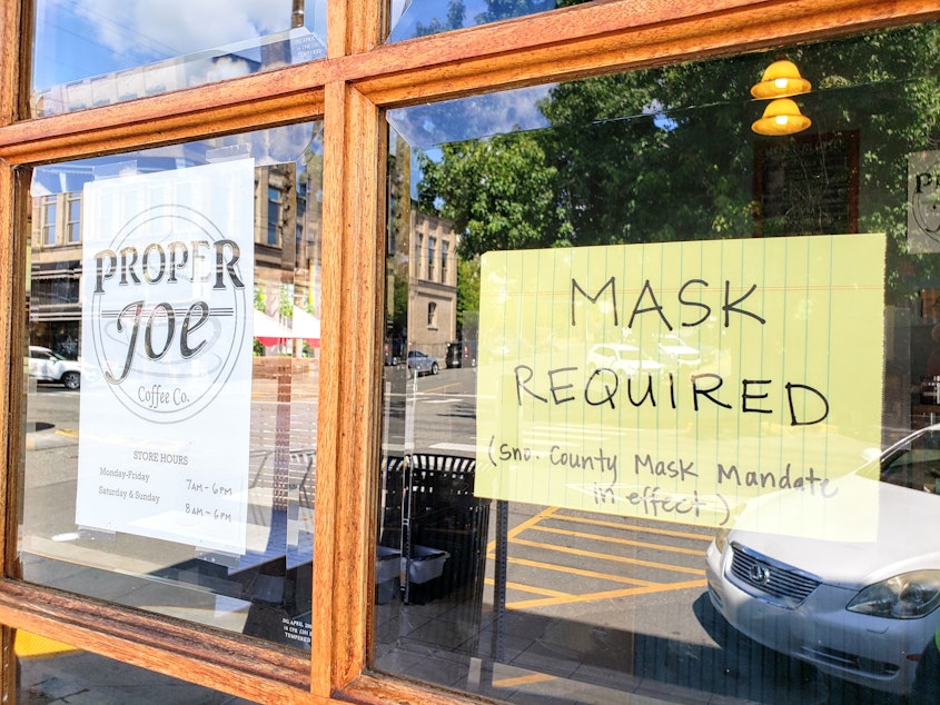 caption: Businesses in Snohomish County have required masks since before the statewide mandate due to high covid cases. Monday, August 23, 2021.