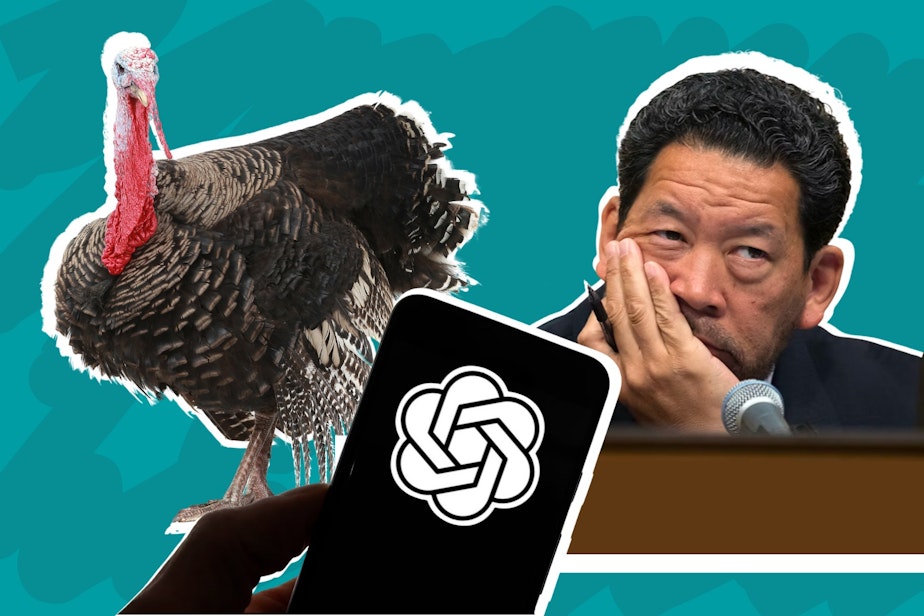 caption: Collage image showcasing various items (turkey, Seattle Mayor Bruce Harrell the OpenAI logo) related to KUOW's news quiz for the week of November 20, 2023.