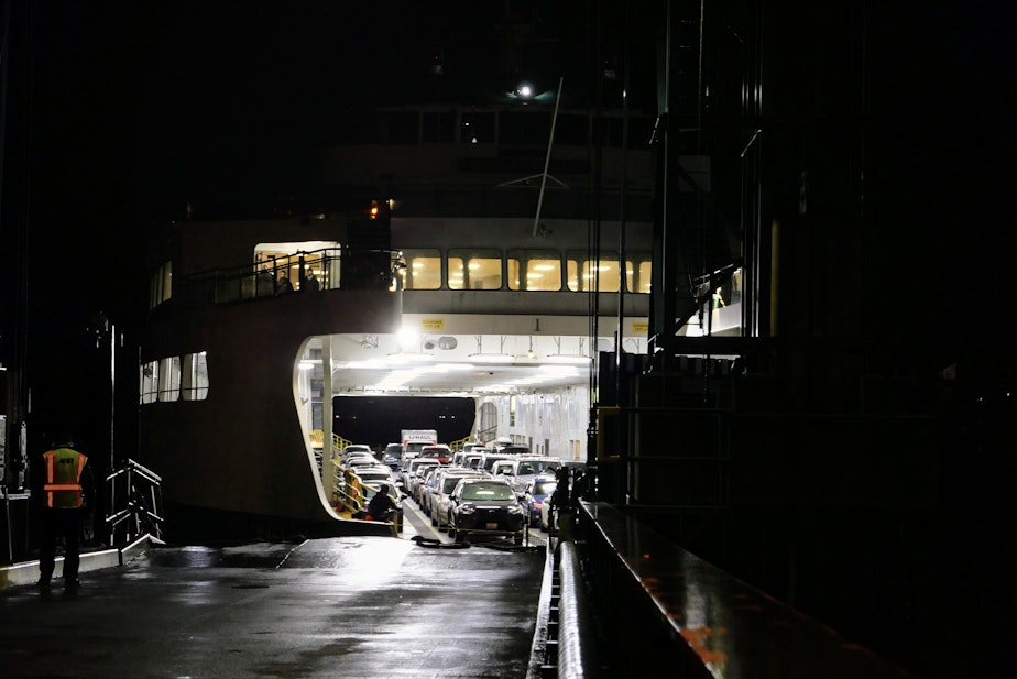 caption: Ferry heading to Seattle from Bainbridge Island March 1st 2023.
