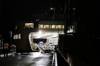 caption: Ferry heading to Seattle from Bainbridge Island March 1st 2023.