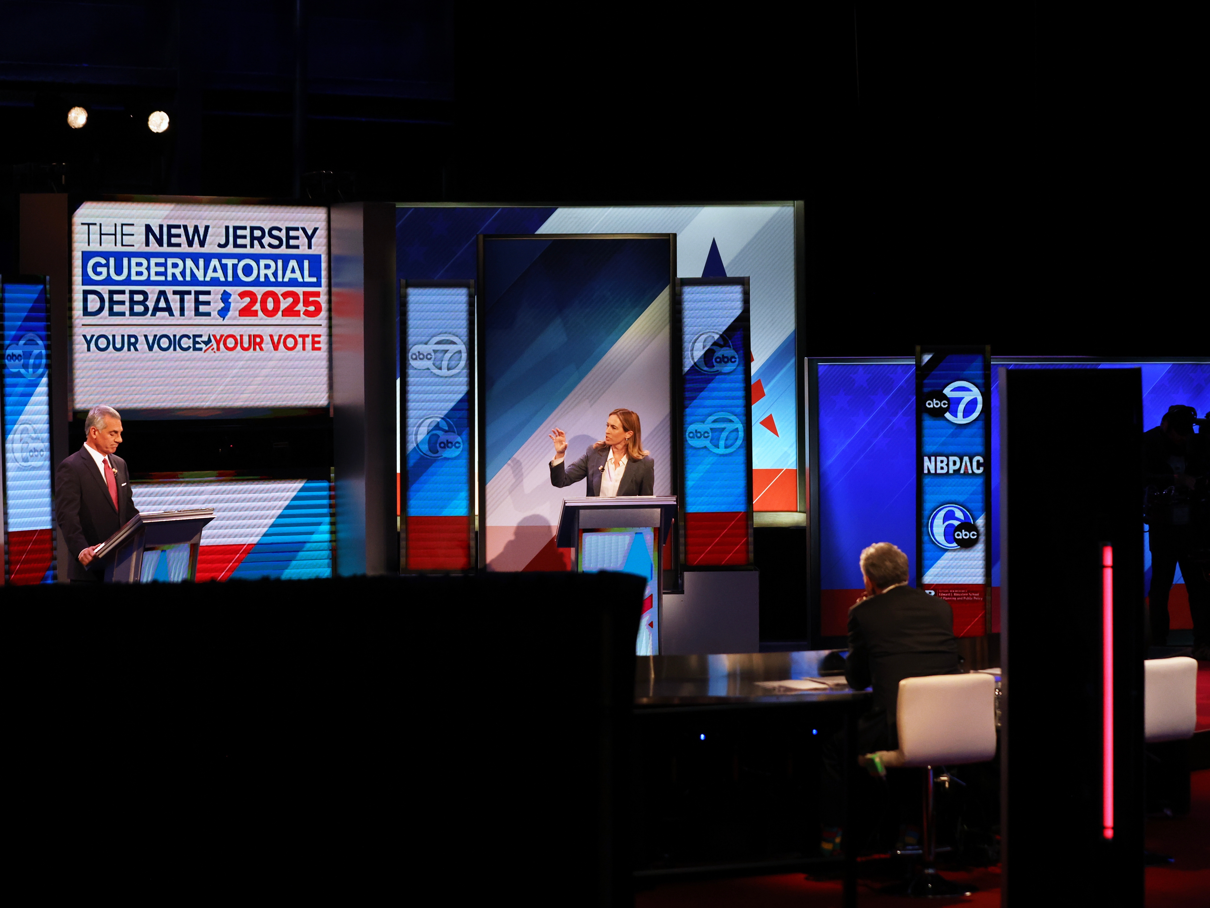 caption: Republican Jack Ciattarelli, left, and Democrat Mikie Sherrill participate in the final debate in the New Jersey governor's race, Oct. 8, 2025, in New Brunswick, N.J.