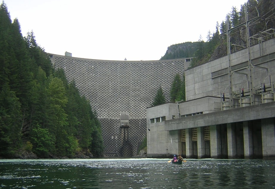 caption: Seattle City Light's Ross Dam, one of three dams the city operates on the Skagit River where it flows through Washington's North Cascades