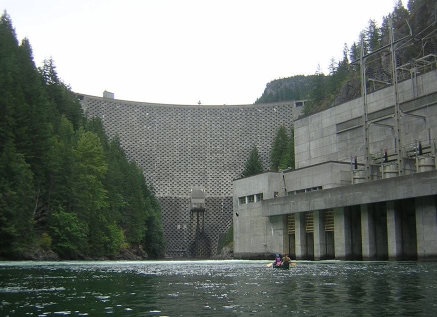 caption: Seattle City Light's Ross Dam, one of three dams the city operates on the Skagit River where it flows through Washington's North Cascades, in 2008.