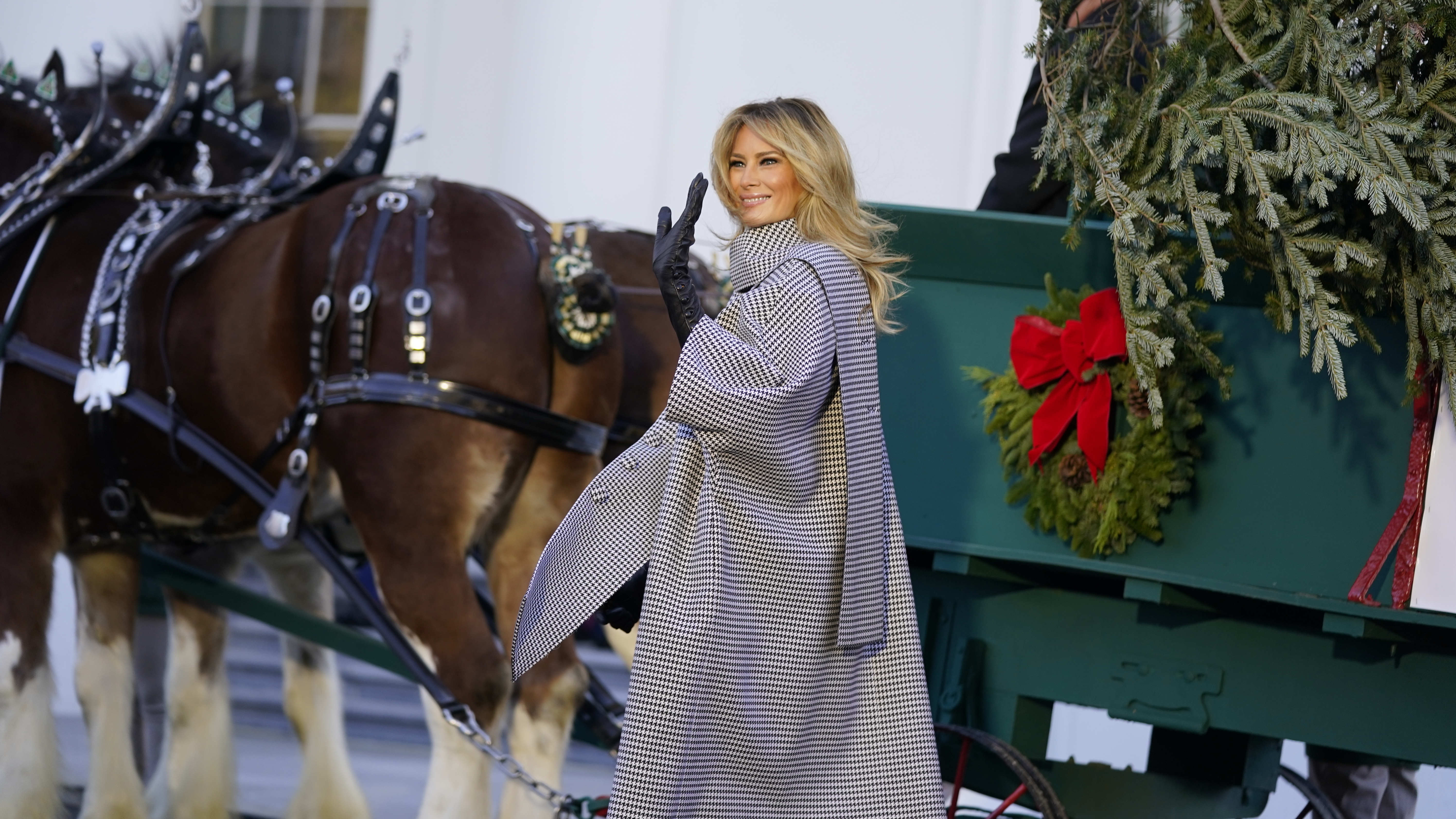caption: First lady Melania Trump waves as she stands next to the 2020 Official White House Christmas tree as it is presented on the North Portico of the White House, Monday, Nov. 23, 2020, in Washington. (AP Photo/Andrew Harnik)