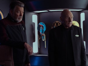 caption: Jonathan Frakes as Will Riker and Patrick Stewart as Jean-Luc Picard.