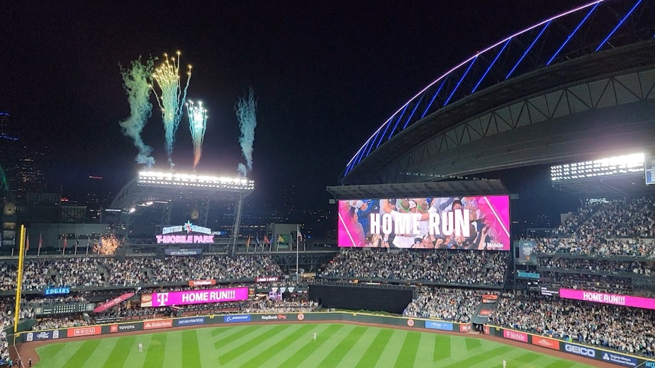 caption: Fireworks erupt at T-Mobile Park following a walkoff win to the playoffs on Friday, September 30, 2022. 