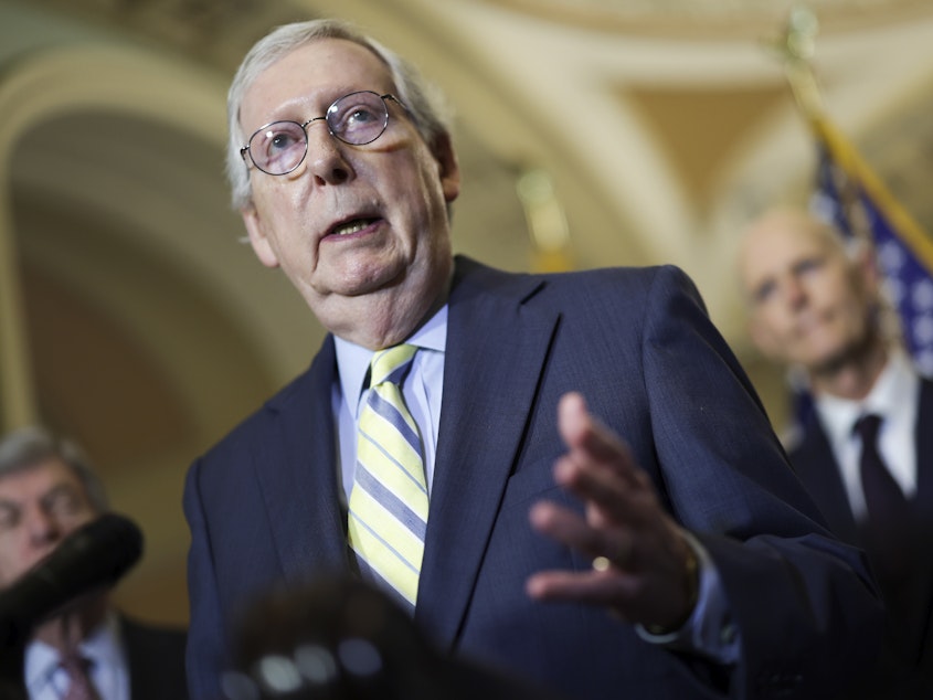 caption: Senate Minority Leader Mitch McConnell, R-Ky., called the leak of the draft Supreme Court decision overturning <em>Roe v. Wade</em> lawless and declined to answer questions about the impact of the draft ruling.