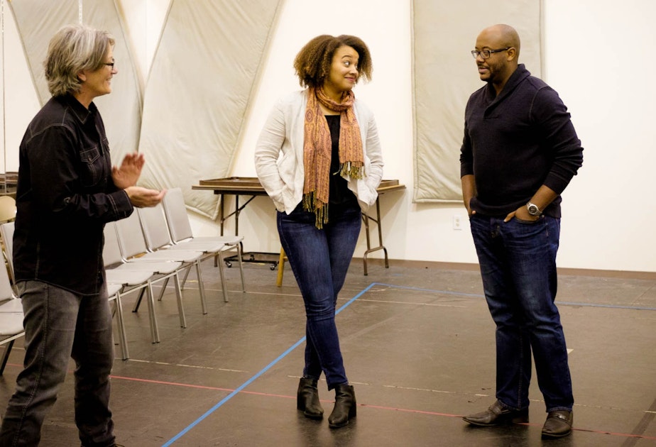 caption: Singers Taylor Raven, right and Jorelle Williams rehearse for the upcoming Seattle Opera production of "As One"