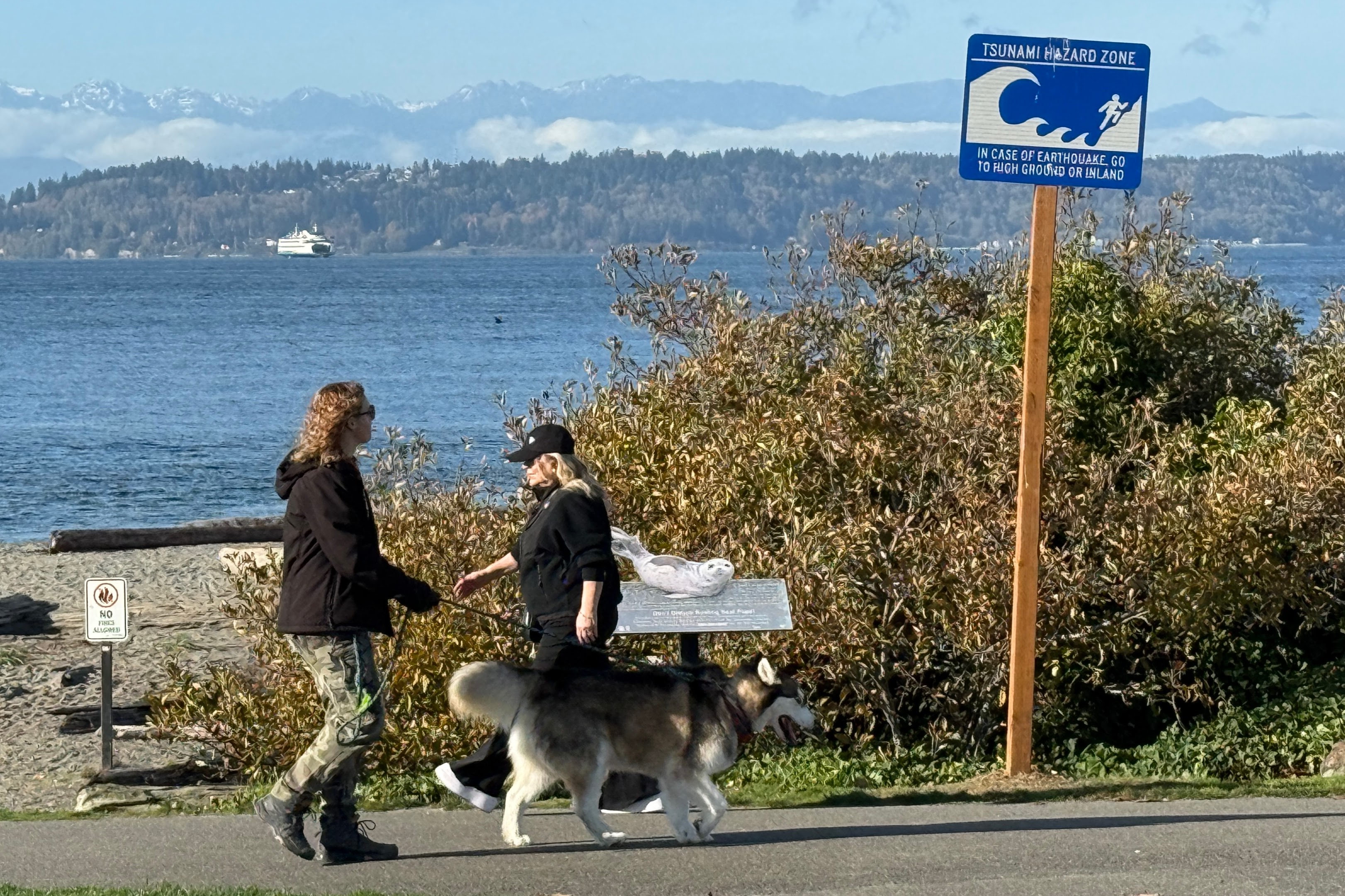 caption: Beachgoers walk by a tsunami warning sign at Marina Beach Park on Puget Sound in Edmonds, Washington, on Nov. 11, 2025.