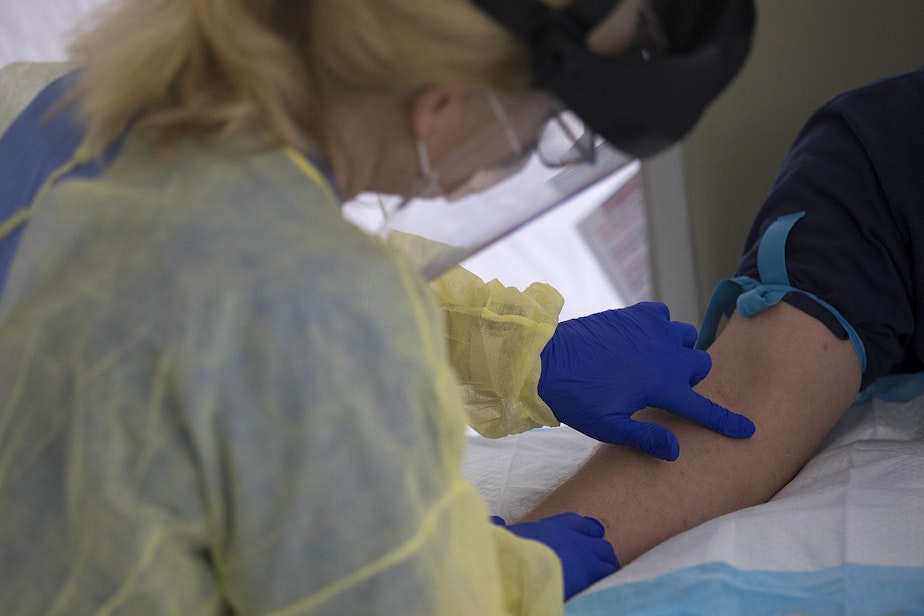 caption: Julie Czartoski, a nurse practitioner at Fred Hutch, looks for a vein in the arm of a participant in the Seattle Covid Cohort Study to draw blood for an antibody test on Wednesday, April 29, 2020, at Fred Hutch in Seattle. First responders with the Seattle Fire Department who either hadn't tested positive for the coronavirus, or had never been tested at all, were tested for the virus as well as for antibodies.