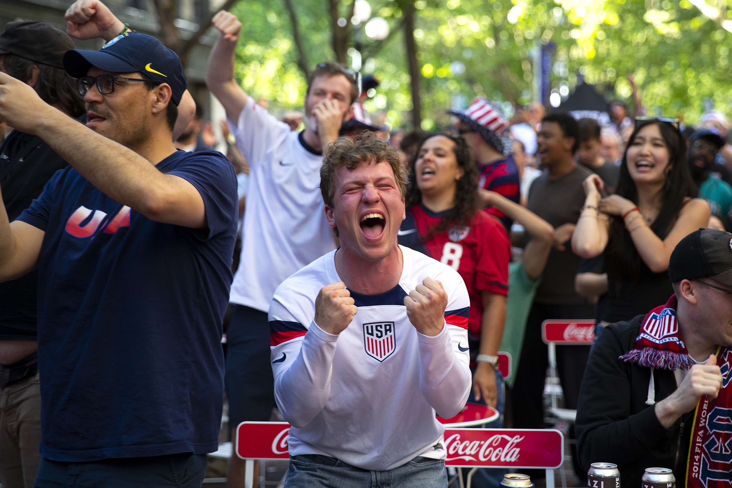 Evan Tracy, 25, reacts after a goal by the U.S. team during the FIFA World Cup match against Paraguay broadcast at Occidental Park on Friday, June 12, 2026 in the Pioneer Square area of Seattle.