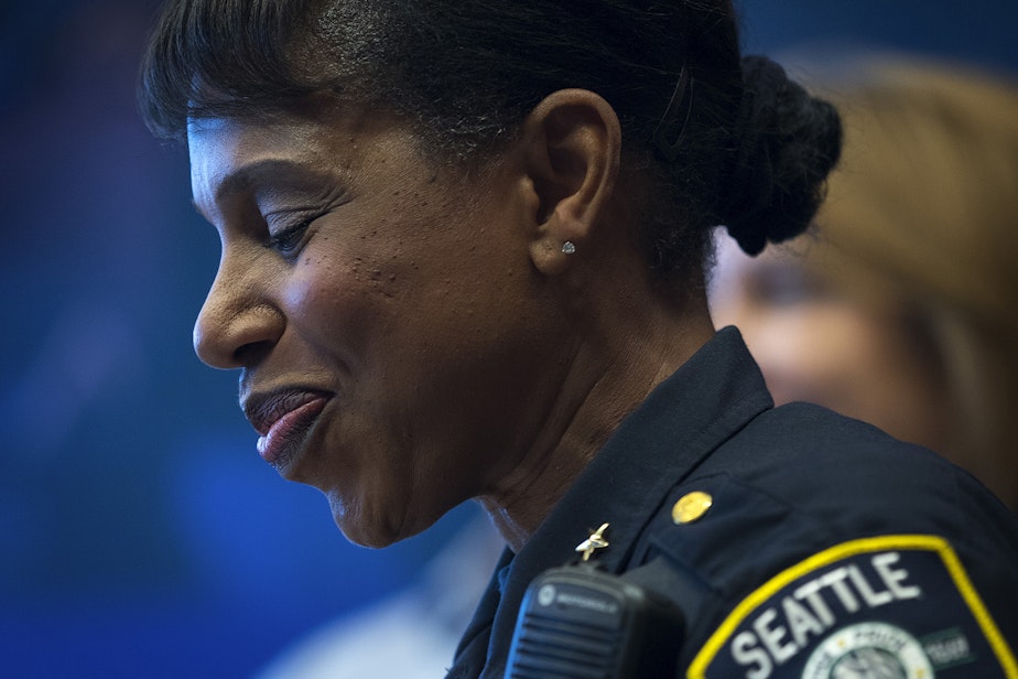 caption: Seattle Police Chief Carmen Best smiles during a press conference on Tuesday, July 17, 2018, at City Hall in Seattle.