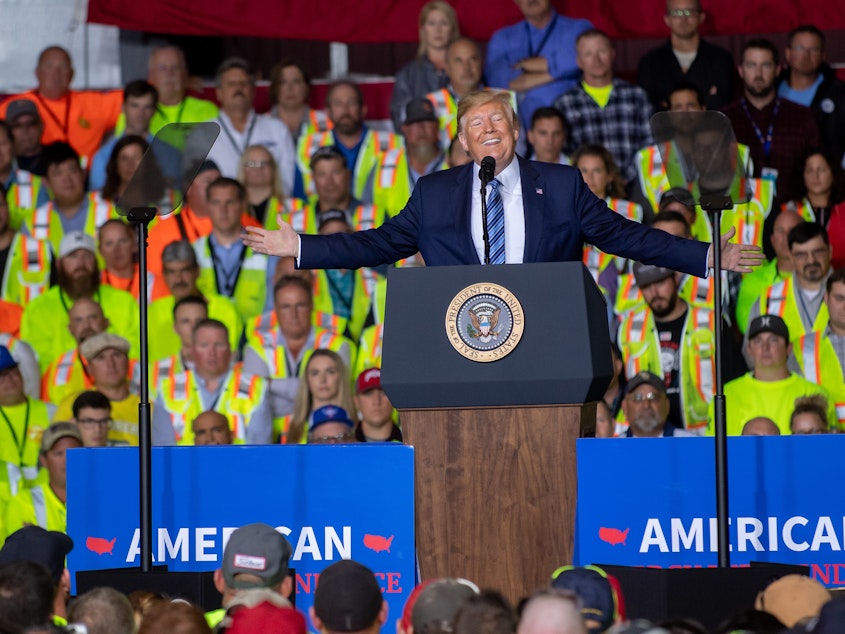 caption: President Trump speaks to about 5,000 contractors at the Shell Chemicals Petrochemical Complex on Tuesday in Monaca, Pa.