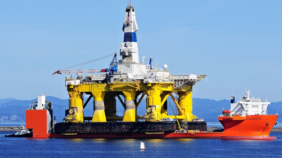caption: The Shell Oil drilling rig Polar Pioneer arrived in Port Angeles weeks ago.