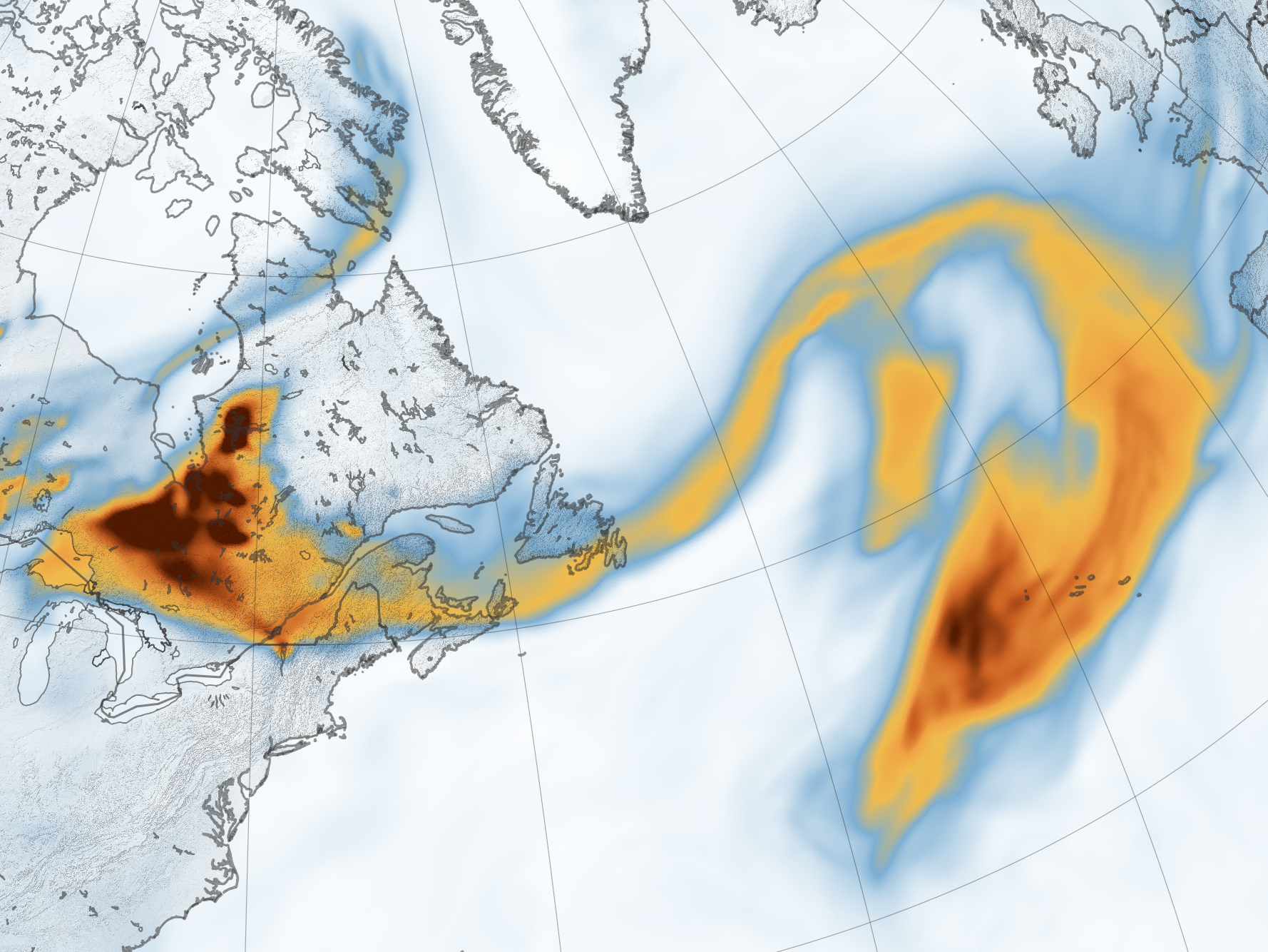 caption: A plume of smoke stretches from North America across more than 2,000 miles of the Atlantic Ocean in the latest international impact from Canada's large and persistent wildfires.