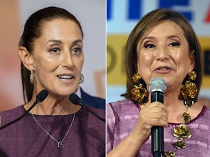 caption: Left: Claudia Sheinbaum, former mayor of Mexico City, at a rally announcing she will be the Morena party's presidential candidate in next year's election, in Mexico City on Wednesday. Right: Former Mexican Sen. Xóchitl Gálvez speaks after registering as a presidential pre-candidate for a broad opposition coalition in Mexico City on July 4.