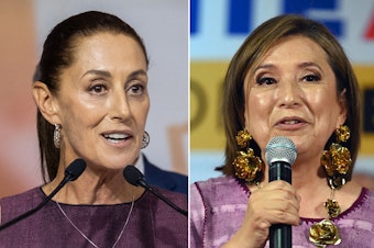 caption: Left: Claudia Sheinbaum, former mayor of Mexico City, at a rally announcing she will be the Morena party's presidential candidate in next year's election, in Mexico City on Wednesday. Right: Former Mexican Sen. Xóchitl Gálvez speaks after registering as a presidential pre-candidate for a broad opposition coalition in Mexico City on July 4.