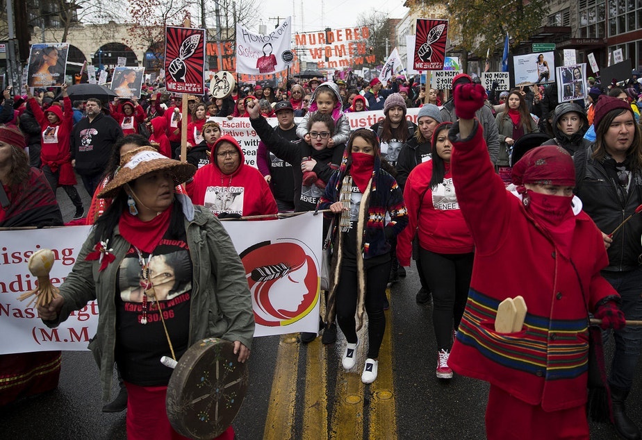 caption: Missing and Murdered Indigenous Women of Washington group members start the Women's March on Saturday, January 20, 2018, on Pine St., in Seattle.
