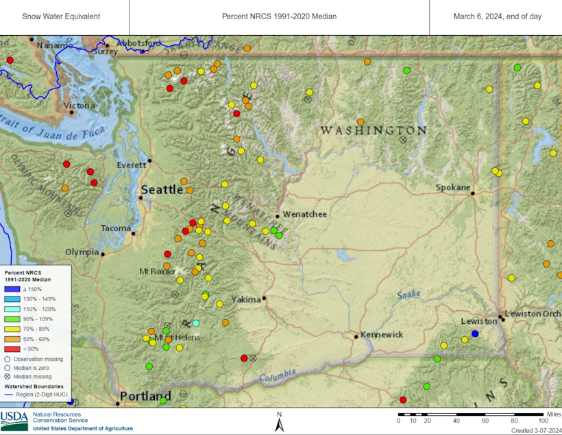 caption: A map from the U.S. Department of Agriculture showing snowpack and precipitation across Washington state as of March 2024. 