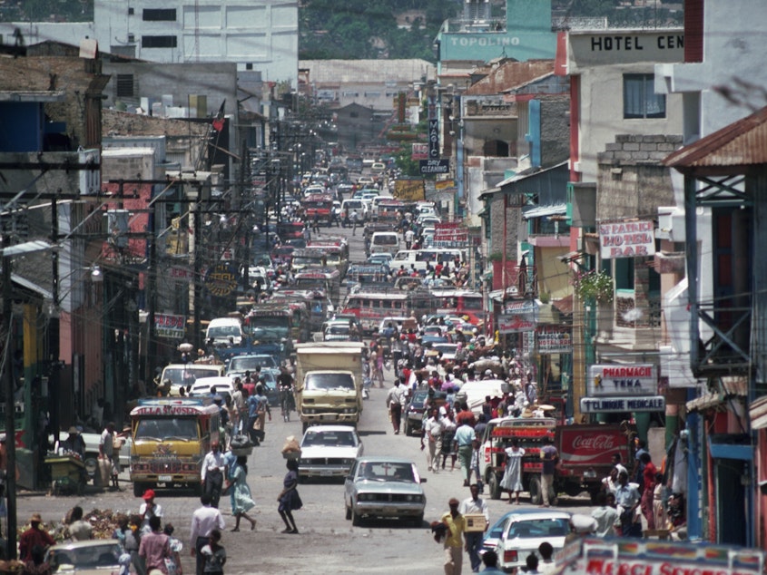 caption: A view down a busy street in Port au Prince, Haiti. Kidnappings in the country have already been worse in 2021 than years before.