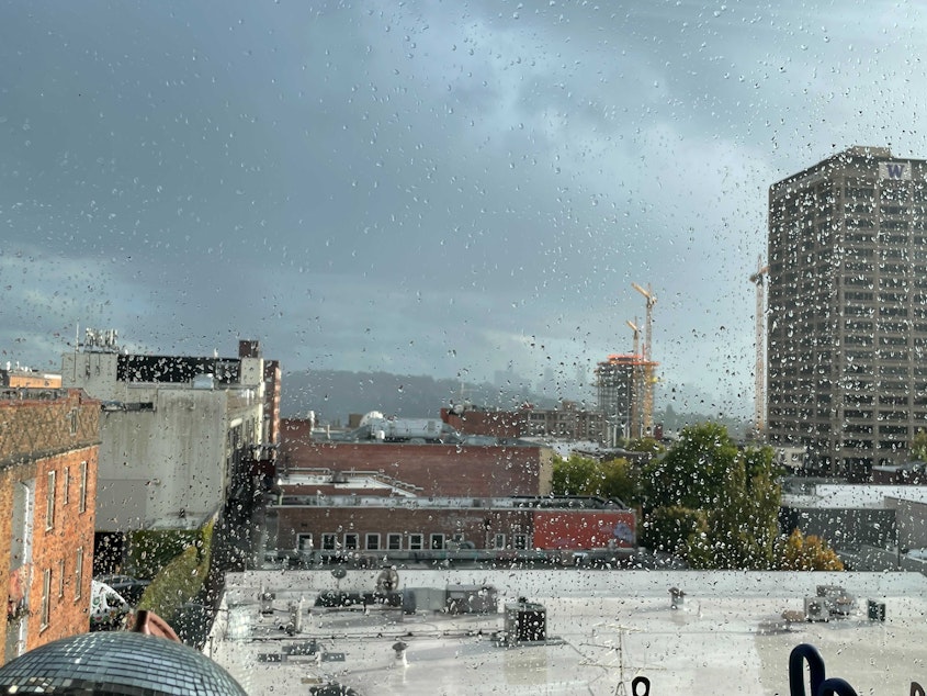 caption: Gray skies dump much-needed rain on Seattle's University District. Between September 18 and 19, 2021, about as much rain fell as the average for the entire month. 