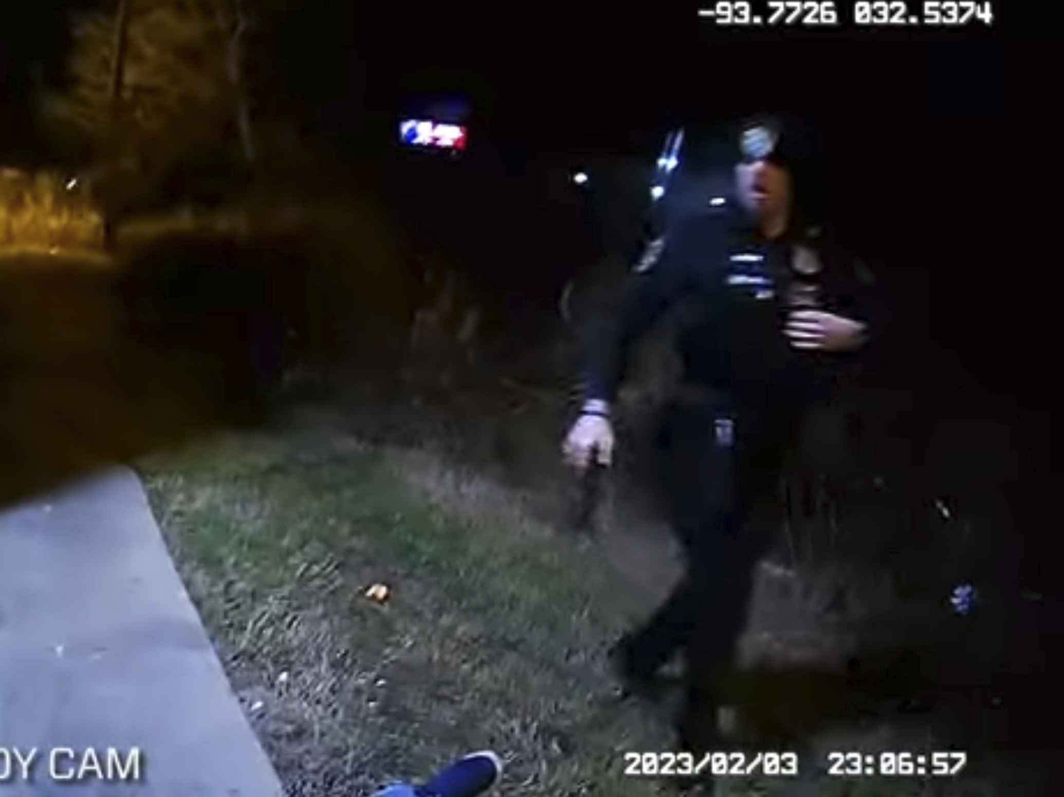 caption: This photo provided by Louisiana State Police shows police body cam video of Shreveport Police Officer Alexander Tyler after shooting Alonzo Bagley on Feb. 3, in Shreveport, La.