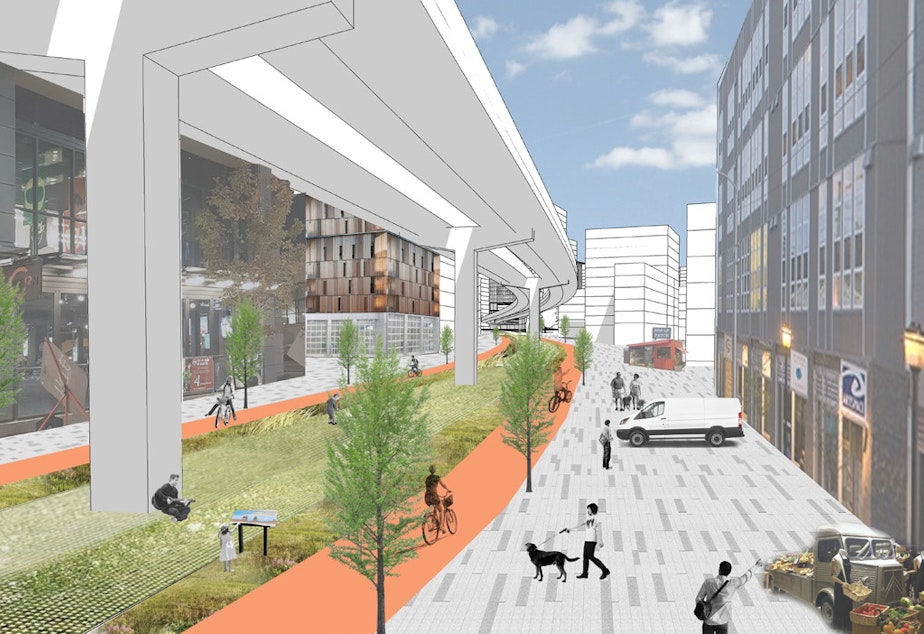 caption: An industrial shared street, as imagined by Jingjing Bu, Fred Hines, Kristian London, Bill Nicholson in 2017 as graduate students designing a community around Kent Des Moines light rail station using a "housing benefit district" model.