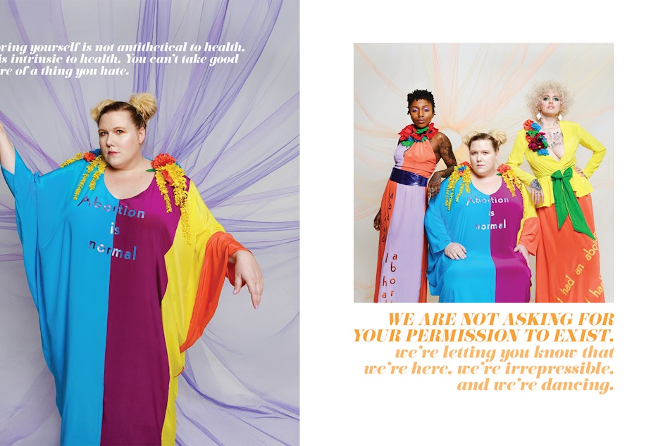 Lindy West (left) and Alana Edmondson, Lindy West and Shannon Perry (right) modeling abortion couture designed by Mark Mitchell. 