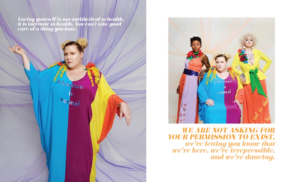 caption: Lindy West (left) and Alana Edmondson, Lindy West and Shannon Perry (right) modeling abortion couture designed by Mark Mitchell. 