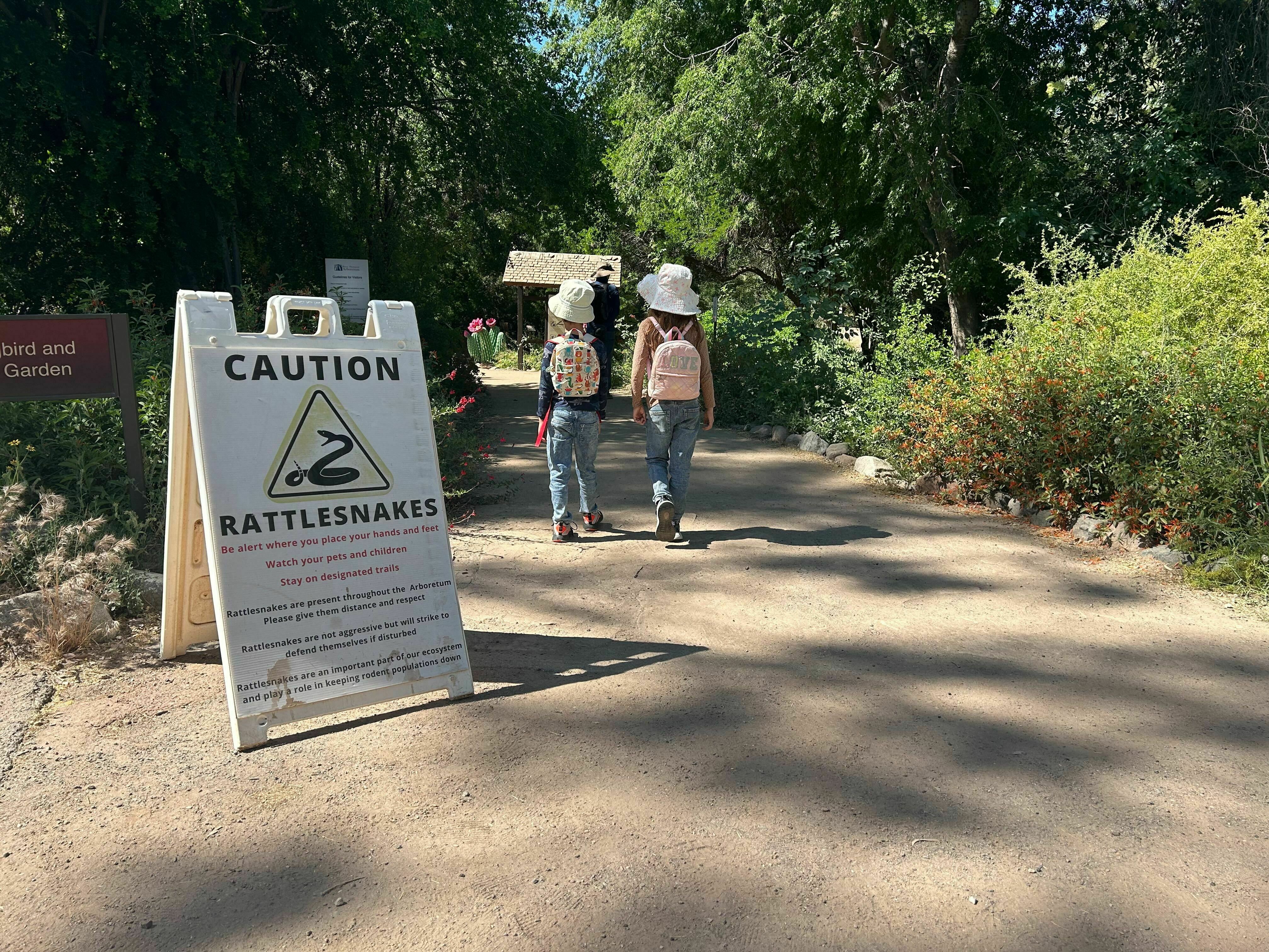 caption: A sign warns visitors about rattlesnakes at the Boyce Thompson Arboretum in Superior, Arizona, on May 11, 2024.
